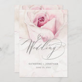 Modern Roze Rose Waterverf Bloemenscript Bruiloft Kaart (Voorkant / Achterkant)