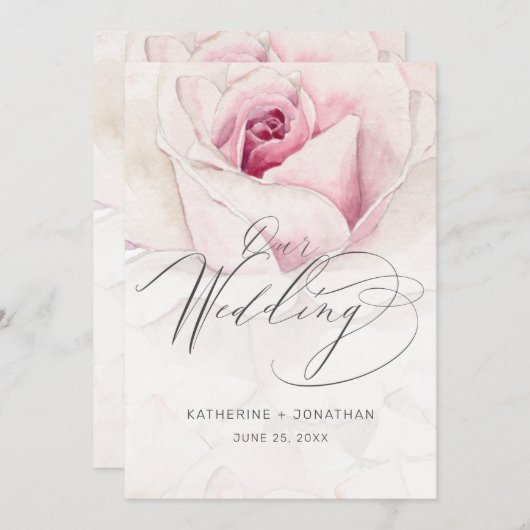 Modern Roze Rose Waterverf Bloemenscript Bruiloft Kaart (Voorkant / Achterkant)