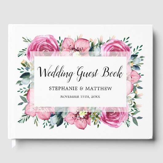 Modern Roze Rozen Orchidee Bloemen Waterverf Bruil Gastenboek (Voorkant)