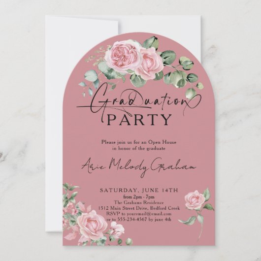 Modern roze rozen script foto afstuderen kaart (Voorkant)