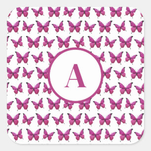 Modern Roze Schattige Vlinderpatroon Monogram Vierkante Sticker