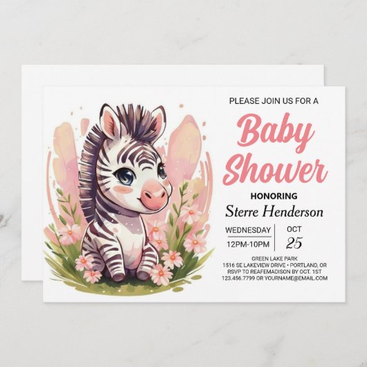Modern Roze Schattige Zebra Baby shower Kaart (Voorkant / Achterkant)
