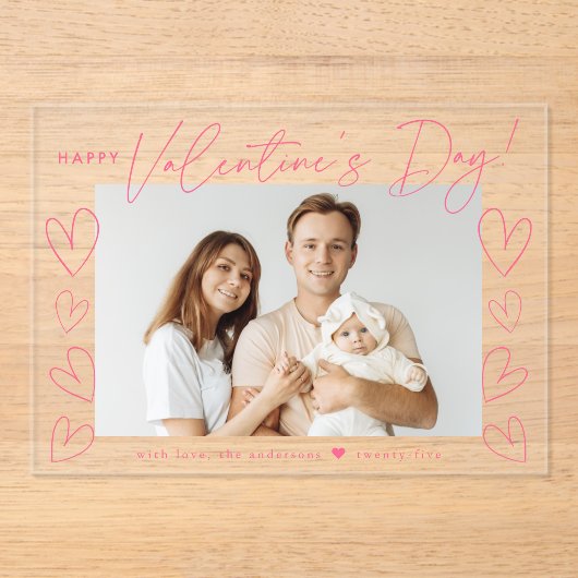 Modern Roze Script Gelukkige Valentijnsdag Foto Acryl Uitnodigingen (Voorkant)