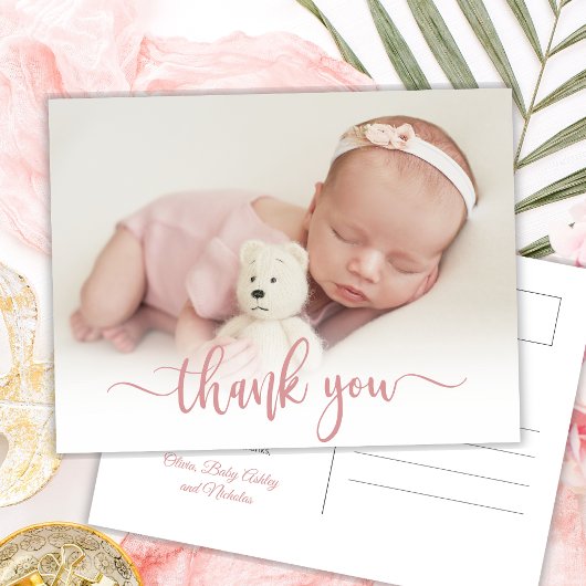 Modern roze script pasgeboren Baby foto dank u Briefkaart