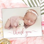 Modern roze script pasgeboren Baby foto dank u Briefkaart