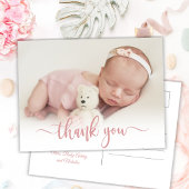 Modern roze script pasgeboren Baby foto dank u Briefkaart