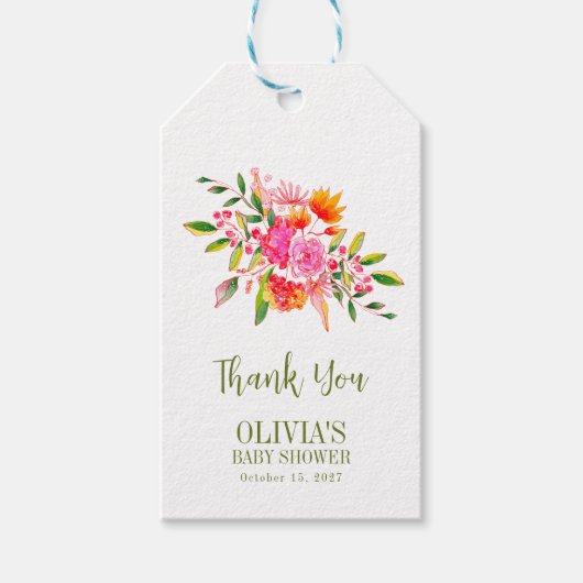 Modern Roze Sinaasappel Bloemen Baby shower Custom Cadeaulabel (Voorkant)
