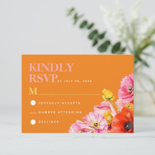 Modern Roze Sinaasappel Geel Bloemen Bruiloft RSVP Informatiekaartje (Staand voorkant)