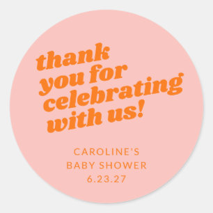 Modern Roze Sinaasappel Retro Baby shower Dank u Ronde Sticker