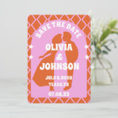 Modern Roze Sinaasappel Retro Boho Arch Vet Datum Save The Date (Staand voorkant)