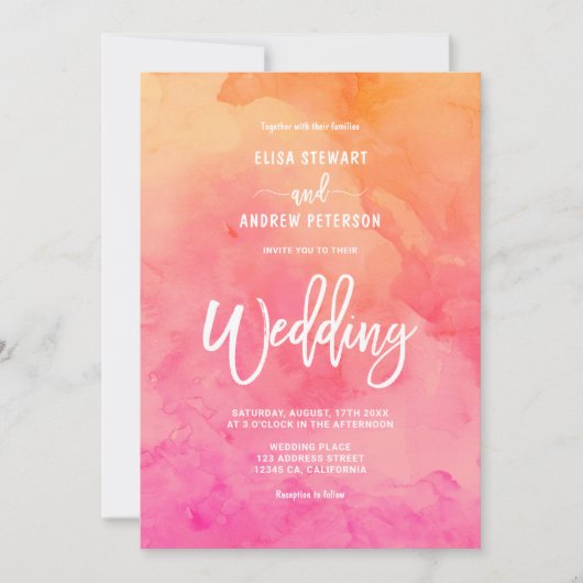Modern roze sinaasappel waterverf zomerbruiloft kaart (Voorkant)