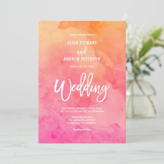 Modern roze sinaasappel waterverf zomerbruiloft kaart (Staand voorkant)