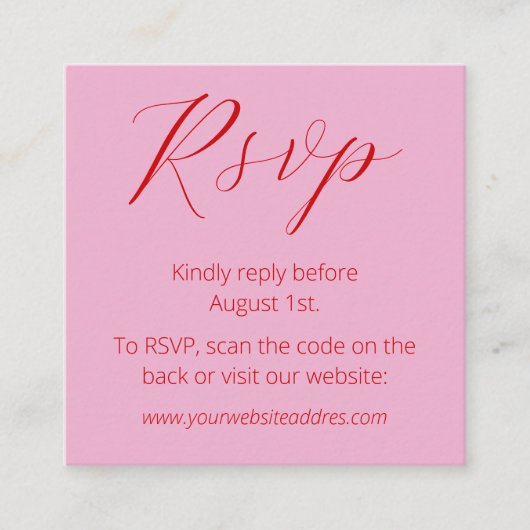 Modern roze vet rood QR code bruiloft Informatiekaartje (Voorkant)