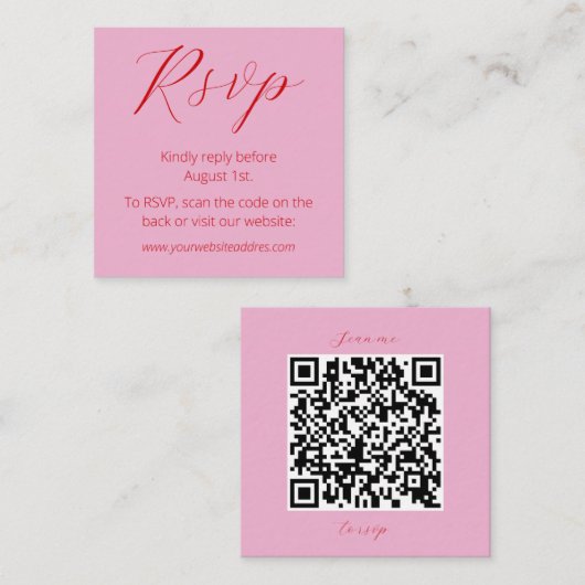 Modern roze vet rood QR code bruiloft Informatiekaartje (Voorkant / Achterkant)