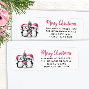 Modern Roze Vrolijk Kerstfeest Schattigee Pinguïns Etiket