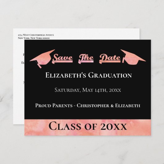 Modern roze Waterverf Afstuderen sparen de Datum Aankondigingskaart (Voorkant / Achterkant)