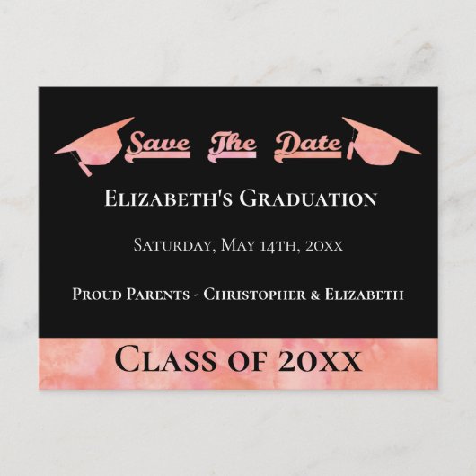 Modern roze Waterverf Afstuderen sparen de Datum Aankondigingskaart (Voorkant)