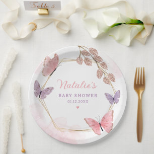 Modern roze Waterverf Butterfly Girl Baby shower Papieren Bordje