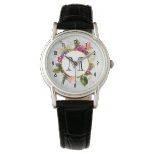 Modern Roze Waterverf Floral Bouquet Monogram Horloge
