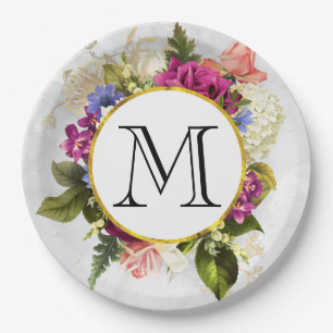 Modern Roze Waterverf Floral Bouquet Monogram Papieren Bordje