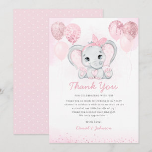 Modern Roze Waterverf Leuk Olifant Baby shower Bedankkaart