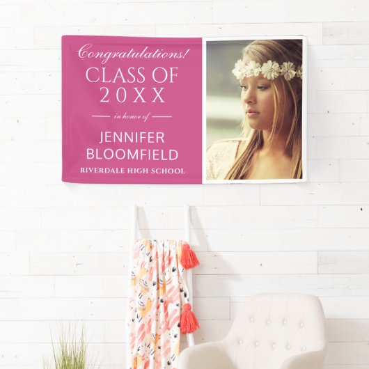 Modern Roze Wit Foto Afstuderen KLASSE VAN 2025 Spandoek (Insitu)