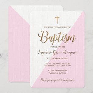 Modern Roze Wit Goud Kruis Virtuele Doop Kaart