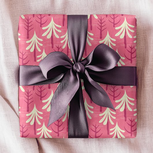 Modern roze witte kerstboom patroon cadeaupapier