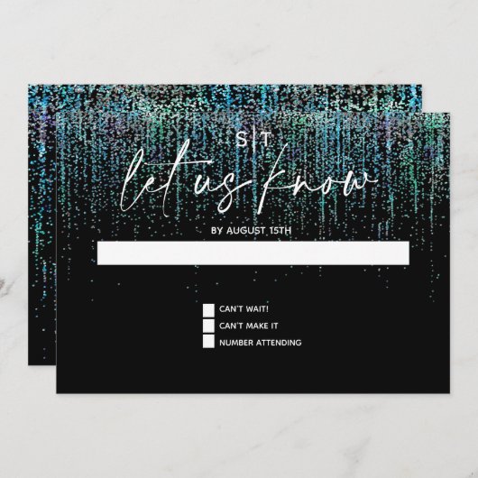 Modern RSVP Edgy Blauwgroen Glitter Uitnodiging (Voorkant / Achterkant)