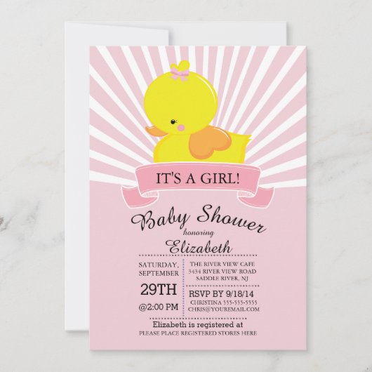 Modern Rubber Duck Meisjes Baby shower Invitation Kaart (Voorkant)