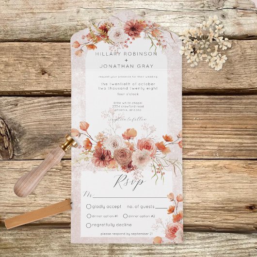 Modern Rust Boho & Neutrals Floral Dinner All In One Uitnodiging