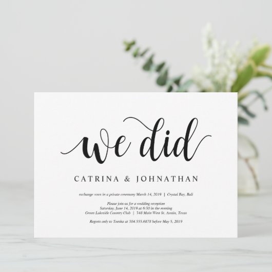 Modern Rustic, Black script, Wedding Elopement Kaart (Staand voorkant)