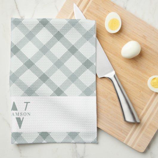Modern Rustic Family Monogram Green Gingham Pset Theedoek (Quarter Fold)
