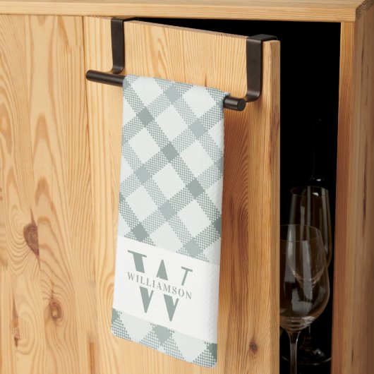 Modern Rustic Family Monogram Green Gingham Pset Theedoek (Derde Gevouwen)