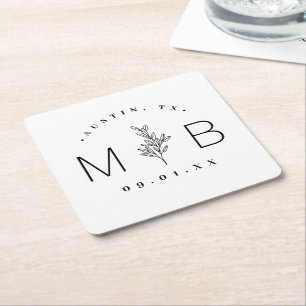 Modern Rustic Floral Stem Wedding Monogram Vierkante Kartonnen Onderzetter