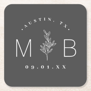 Modern Rustic Floral Stem Wedding Monogram Vierkante Kartonnen Onderzetter
