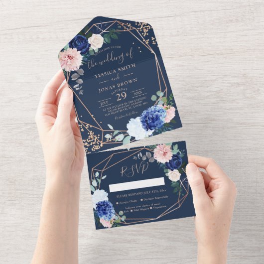 Modern Rustic Geometric Navy Blue Wedding Invitati All In One Uitnodiging (Afscheurbaar)
