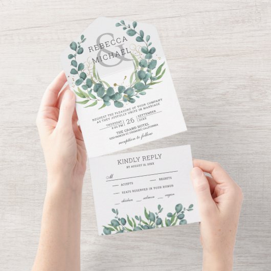 Modern Rustic Greenery Eucalyptus Wreath Wedding All In One Uitnodiging (Afscheurbaar)