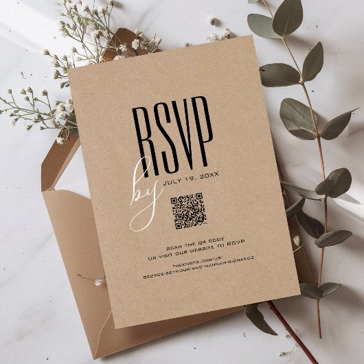 Modern Rustic Kraft Black & White QR Code Wedding Kaart