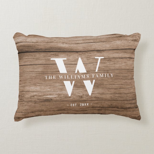 Modern Rustic Monogram Familienaam  Hout Accent Kussen (Voorkant)