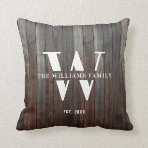 Modern Rustic Monogram Familienaam Hout Kussen
