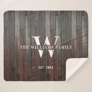 Modern Rustic Monogram Familienaam Hout Sherpa Deken