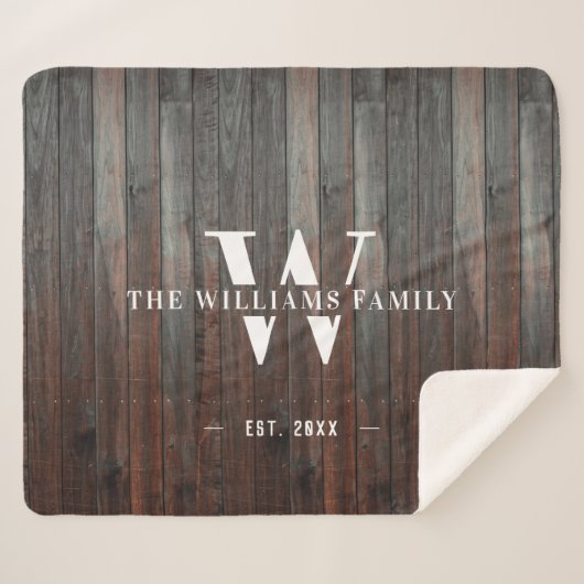 Modern Rustic Monogram Familienaam  Hout Sherpa Deken (Voorkant (horizontaal))