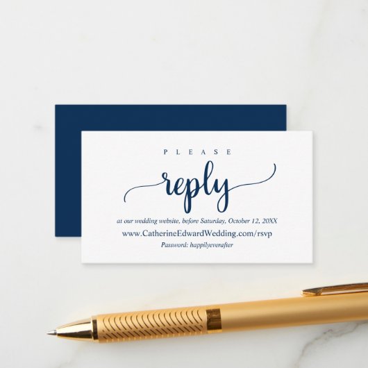 Modern Rustic, Navy Blue, online RSVP-website Informatiekaartje (Voorkant / Achterkant in situ)