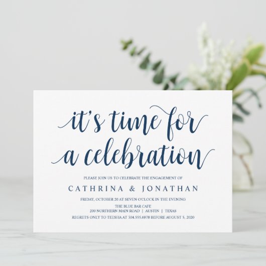 Modern Rustic, Navy Blue script, Engagement Party Kaart (Staand voorkant)