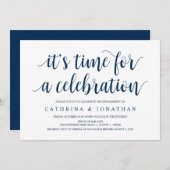 Modern Rustic, Navy Blue script, Engagement Party Kaart (Voorkant / Achterkant)