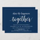 Modern Rustic, Navy Blue script, Engagement Party Kaart (Voorkant / Achterkant)