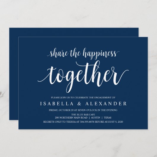 Modern Rustic, Navy Blue script, Engagement Party Kaart (Voorkant / Achterkant)