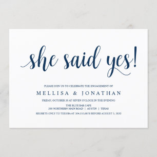 Modern Rustic, Navy Blue script, Engagement Party Kaart