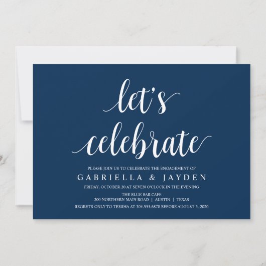 Modern Rustic, Navy Blue script, Engagement Party Kaart (Voorkant)
